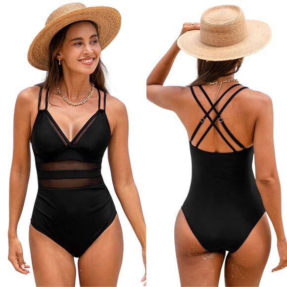 Cupshe Women's Black Cutout Mesh Tummy Control One Piece Swimsuit Size Small - Picture 1 of 6